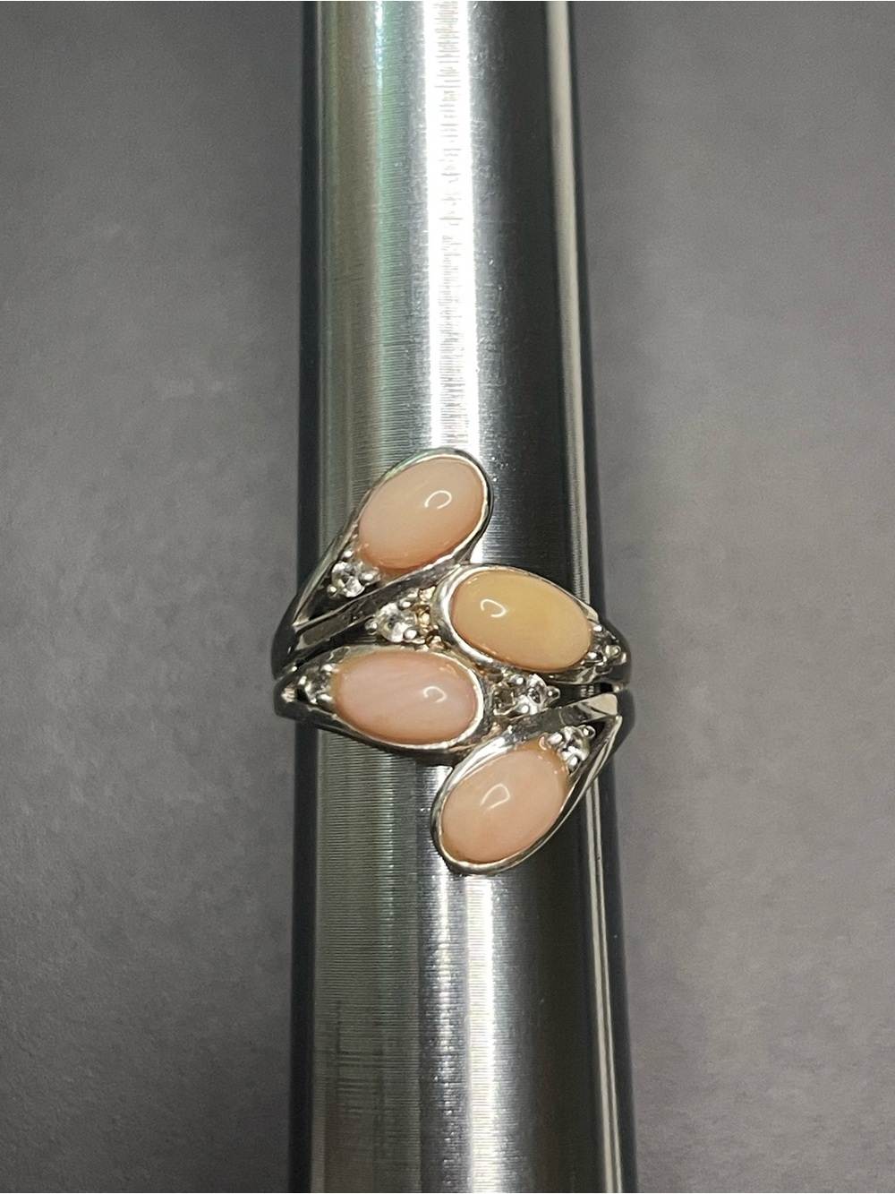 Sterling Silver Natural Pink Coral Clear Topaz Ring